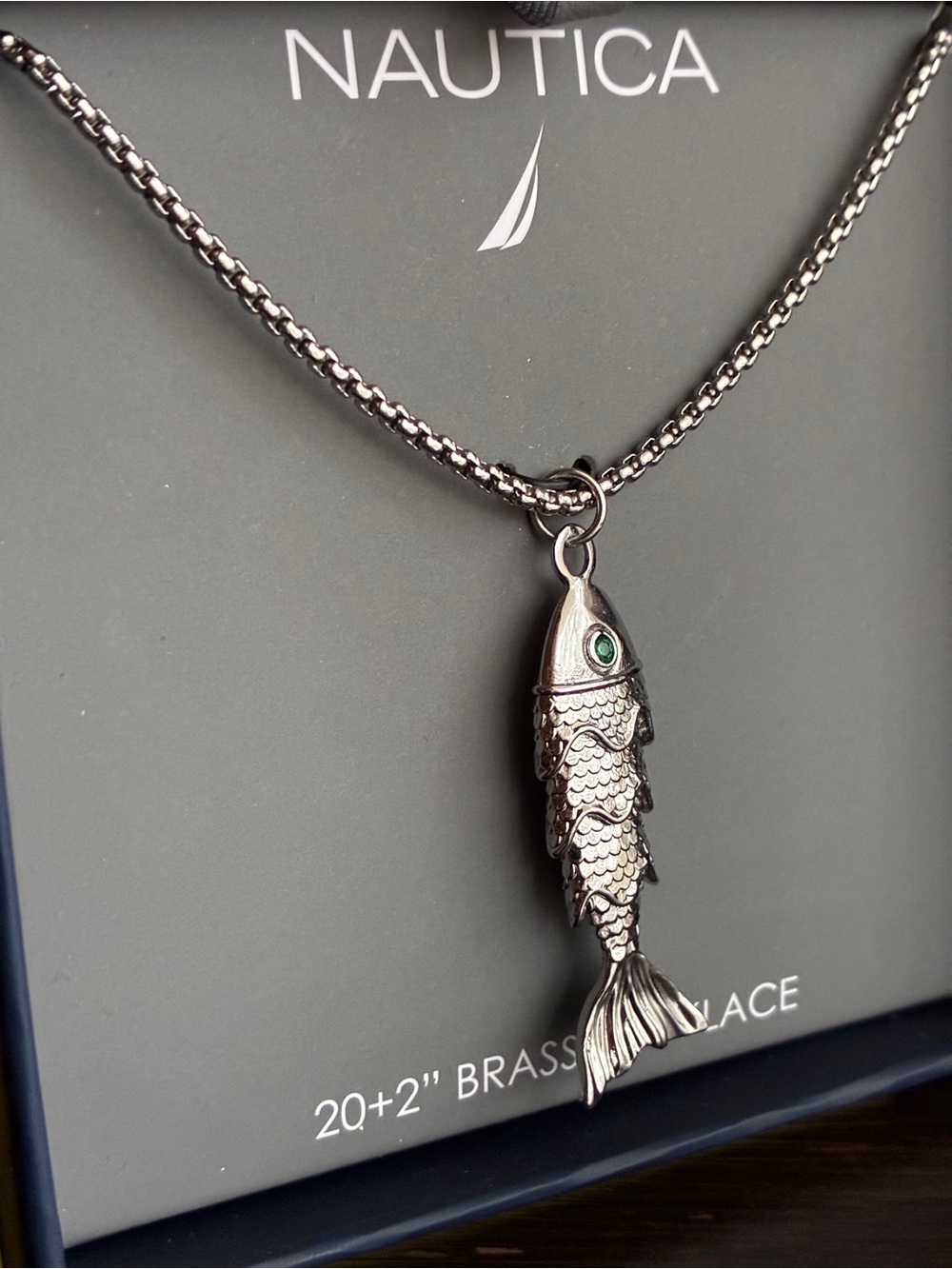 Nautica Silver-Tone Fish Pendant Necklace with Green Eye